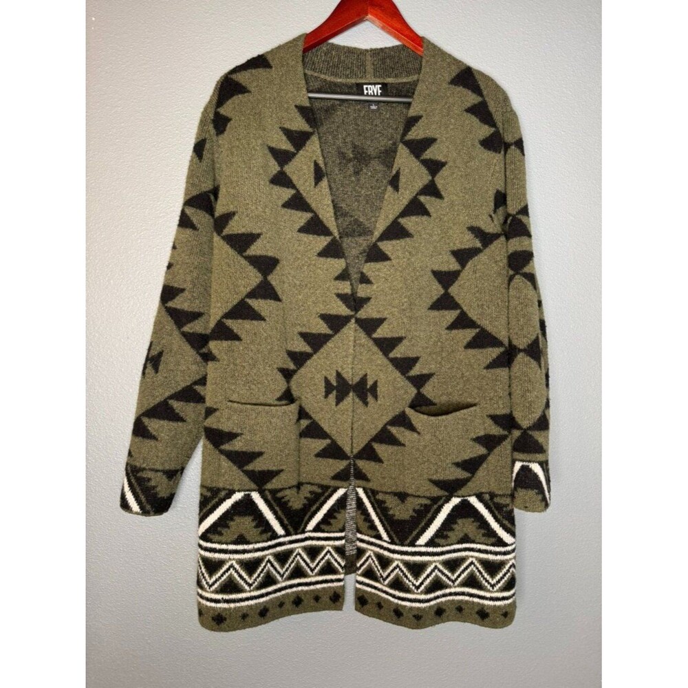 Frye The Cozy Cardigan Womens L Southwestern Geometric Olive Green Longline